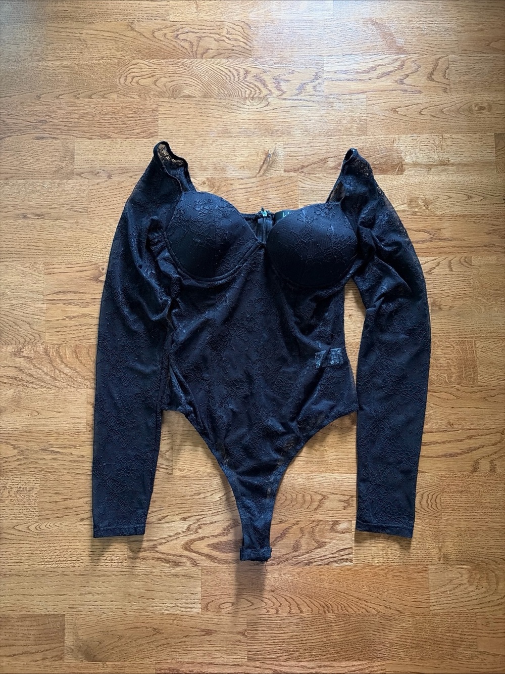 LULUS Tempting Romance Black Lace Bodysuit Top Long Sleeve S Sheer Cups Zip